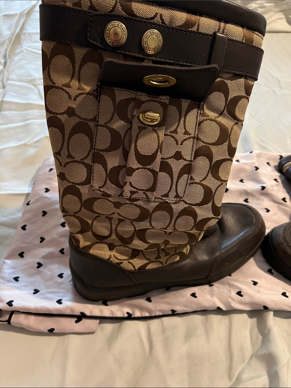 Coach Brown Signature Monogram Tall Boots with Gold Hardware